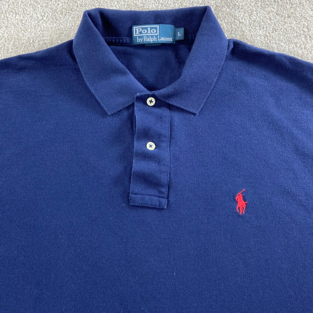 Polo Ralph Lauren Polo Shirt Mens L Navy Blue Red Pony Logo Pique Short Sleeve